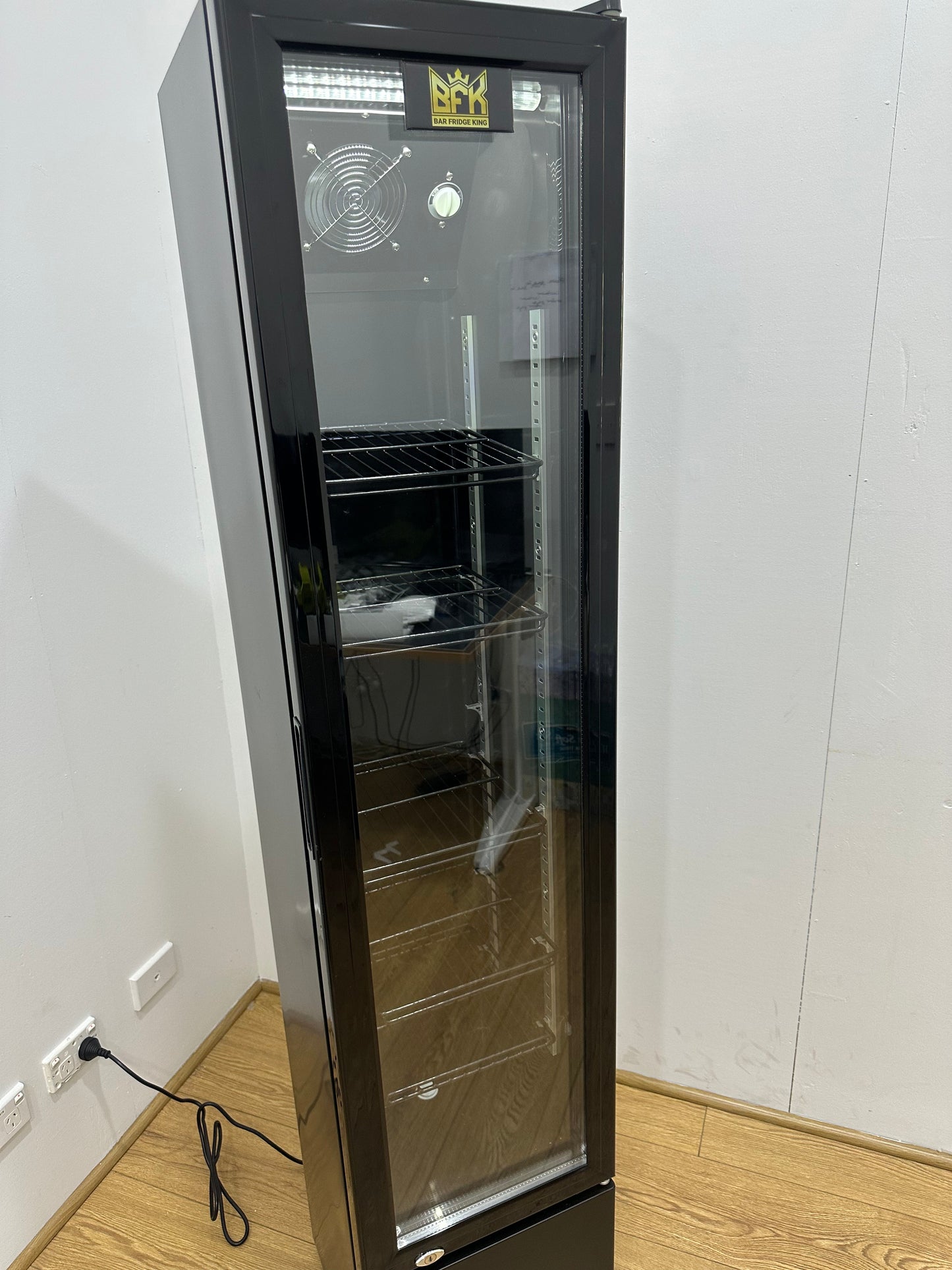 Tropical Rated Triple Glazed 115L Commercial Skinny Upright Bar Fridge - Single Door, Black Stainless Steel, LED Lighting for Wine & Beverages