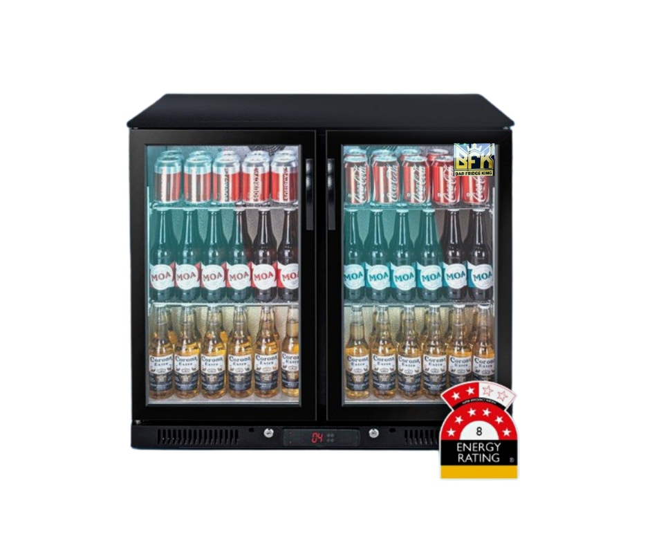 Tropical Rated Triple Glazed 208L Double Door Under-bench Commercial Bar Wine Fridge Drinks Chiller in Black