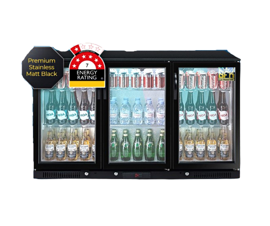 Tropical Rated Triple Glazed 318L 3-Door Commercial Wine Bar Fridge Chiller Can Cooler Mini Freezer in Black