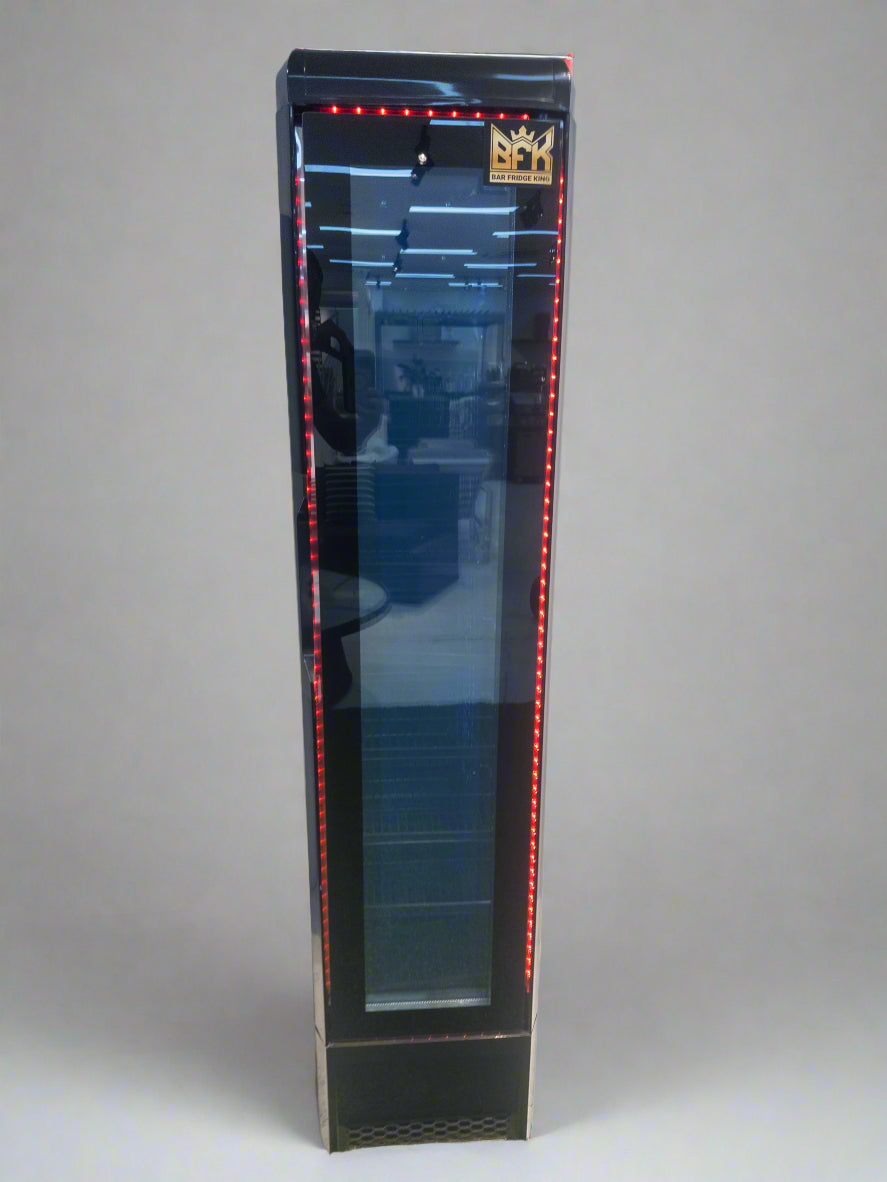 Floor Stock Tropical Rated Triple Glazed 135L Commercial Skinny Upright Bar Fridge - Single Door, Black Stainless Steel, LED Lighting for Wine & Beverages