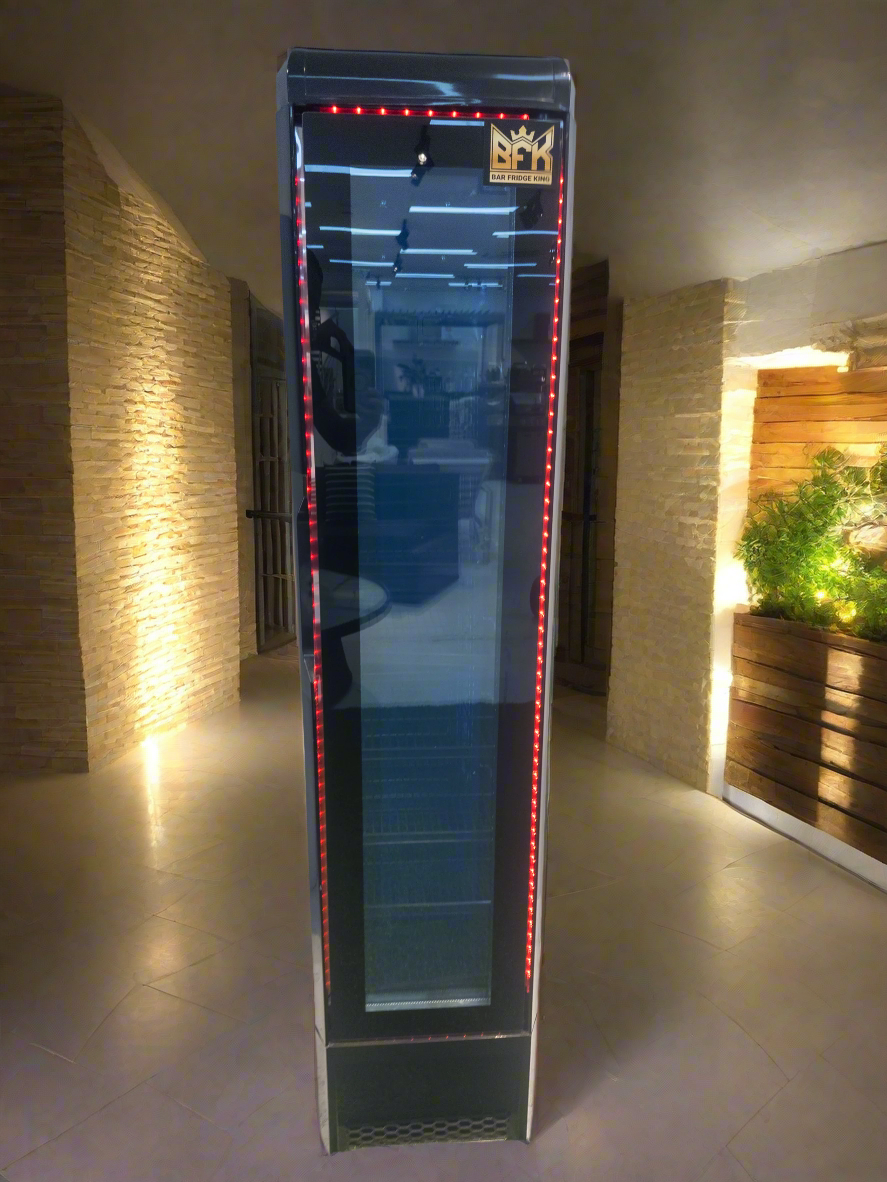 Floor Stock Tropical Rated Triple Glazed 135L Commercial Skinny Upright Bar Fridge - Single Door, Black Stainless Steel, LED Lighting for Wine & Beverages