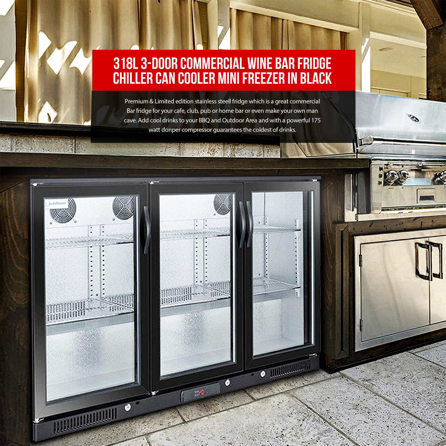Tropical Rated Triple Glazed 318L 3-Door Commercial Wine Bar Fridge Chiller Can Cooler Mini Freezer in Black