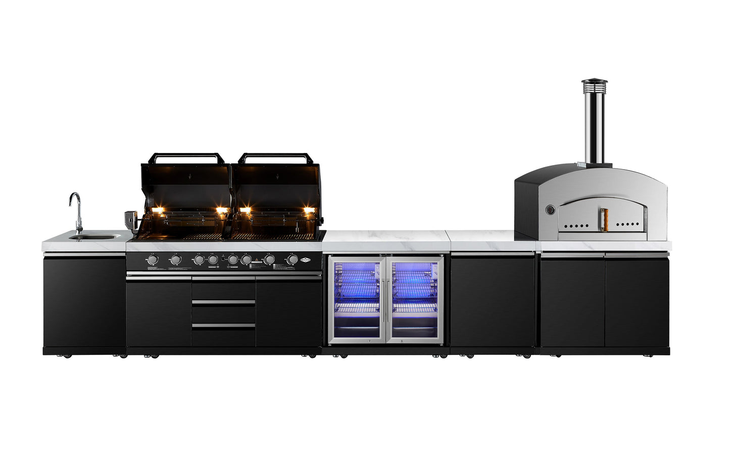 Element Twin Hood 8 Burner Outdoor BBQ Kitchen: High Grade 304 SS + White Stone