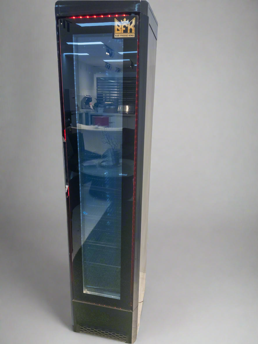 Floor Stock Tropical Rated Triple Glazed 135L Commercial Skinny Upright Bar Fridge - Single Door, Black Stainless Steel, LED Lighting for Wine & Beverages