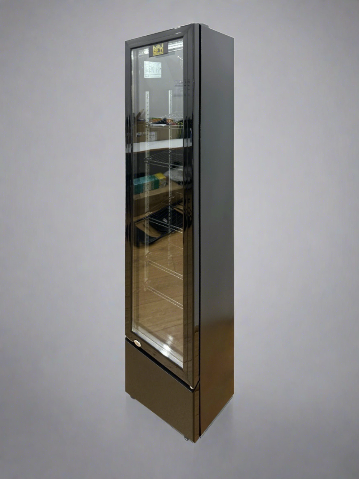 Tropical Rated Triple Glazed 115L Commercial Skinny Upright Bar Fridge - Single Door, Black Stainless Steel, LED Lighting for Wine & Beverages