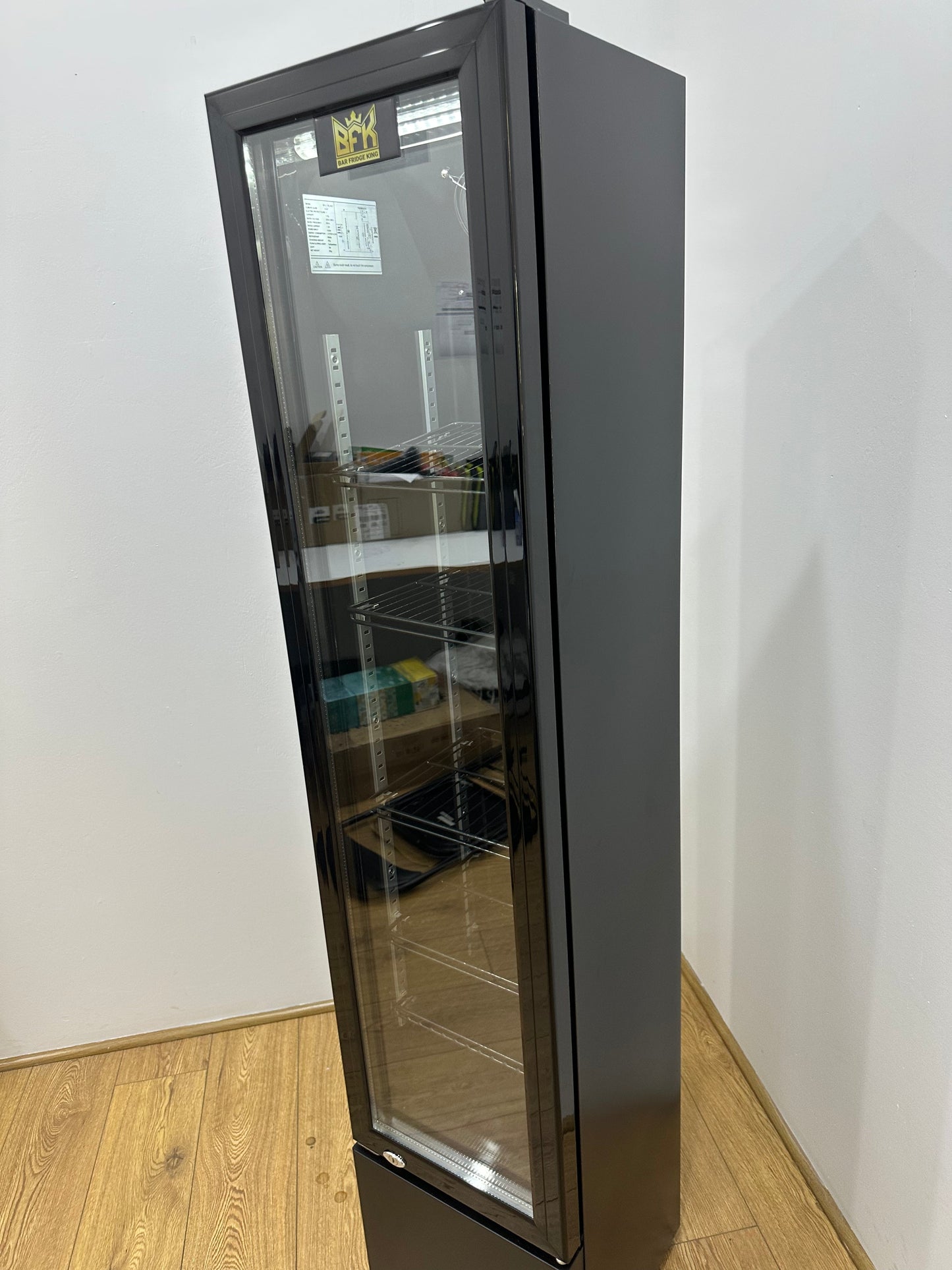 Tropical Rated Triple Glazed 115L Commercial Skinny Upright Bar Fridge - Single Door, Black Stainless Steel, LED Lighting for Wine & Beverages