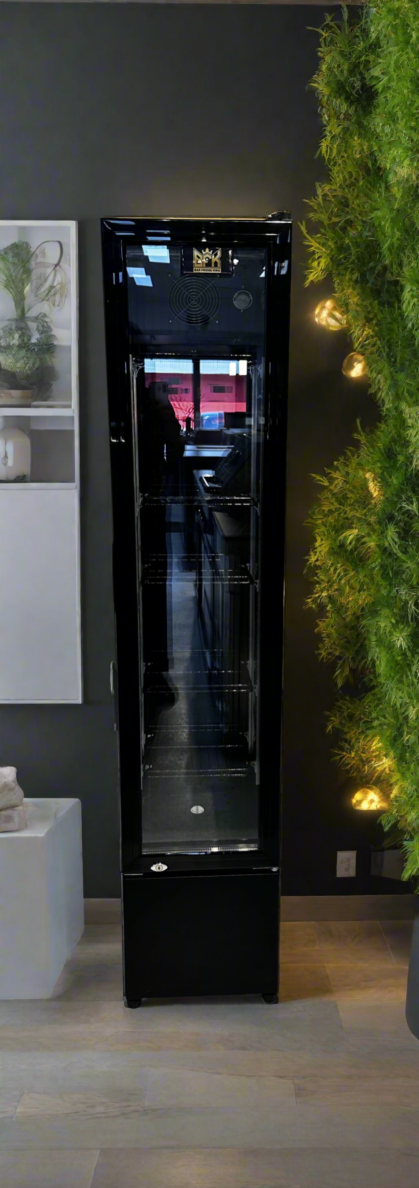 Tropical Rated Triple Glazed 115L Commercial Skinny Upright Bar Fridge - Single Door, Black Stainless Steel, LED Lighting for Wine & Beverages