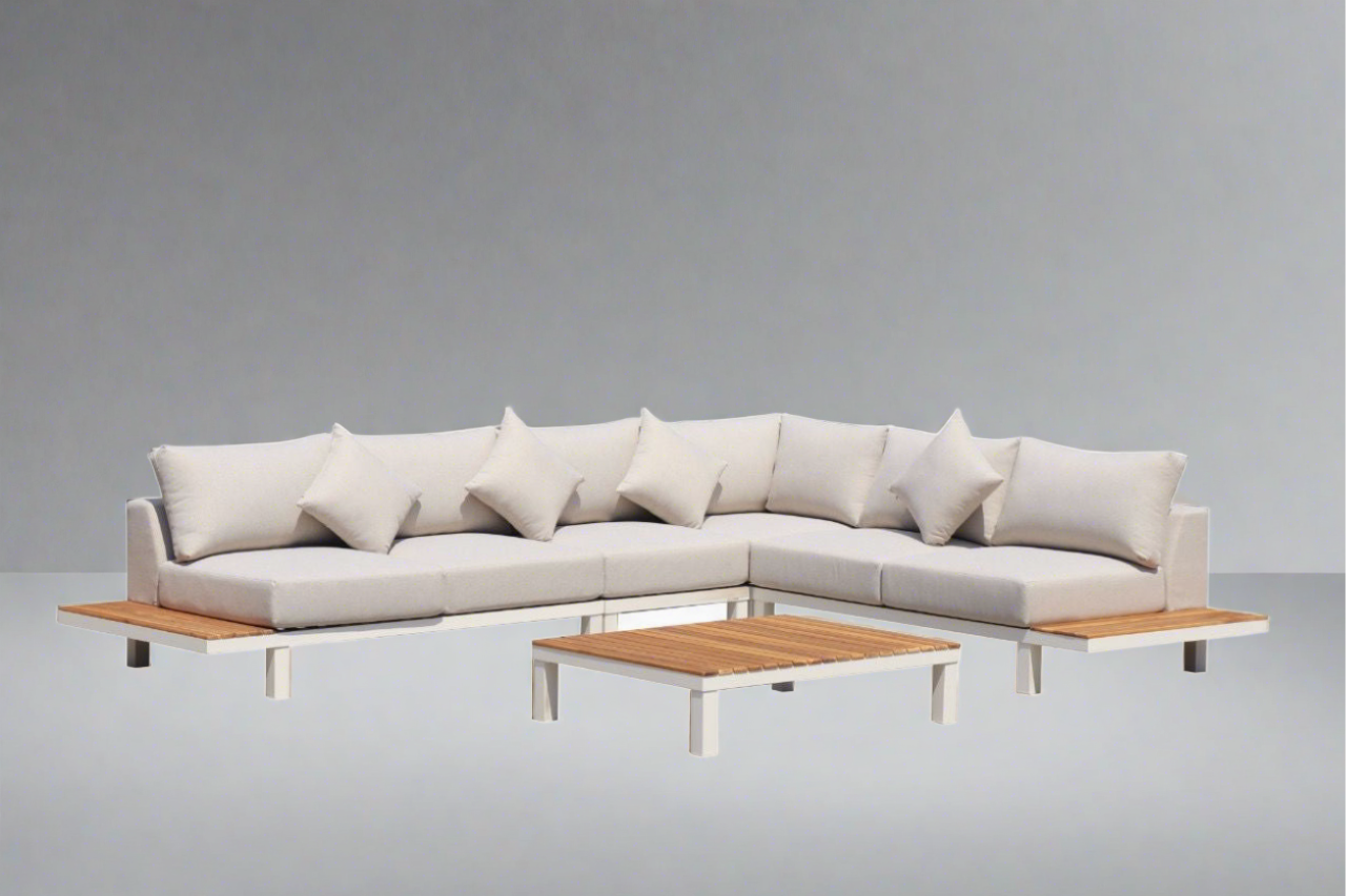 ARI Ralph White Hampton Corner Set - Outdoor Aluminium & Acacia Modular Corner Lounge White Aluminium Whether Resistant White Fabric