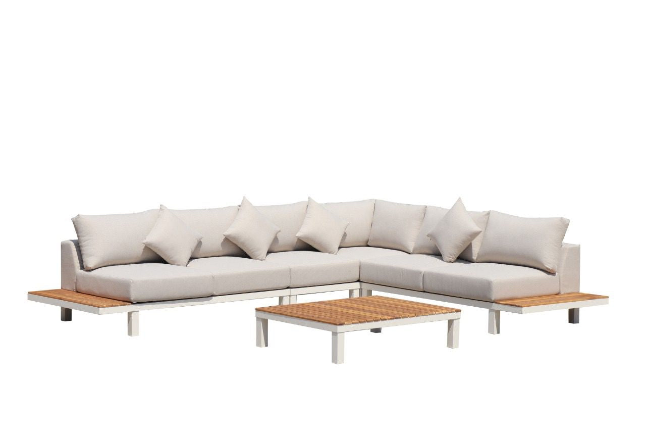 ARI Ralph White Hampton Corner Set - Outdoor Aluminium & Acacia Modular Corner Lounge White Aluminium Whether Resistant White Fabric
