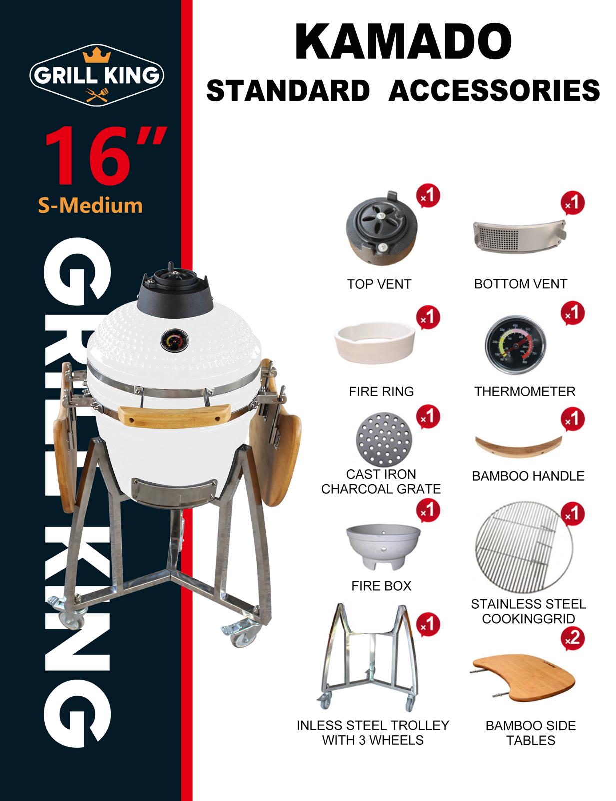 Grill King 16” WHITE Kamado Ceramic Charcoal Grill With Trolley & Side Tables