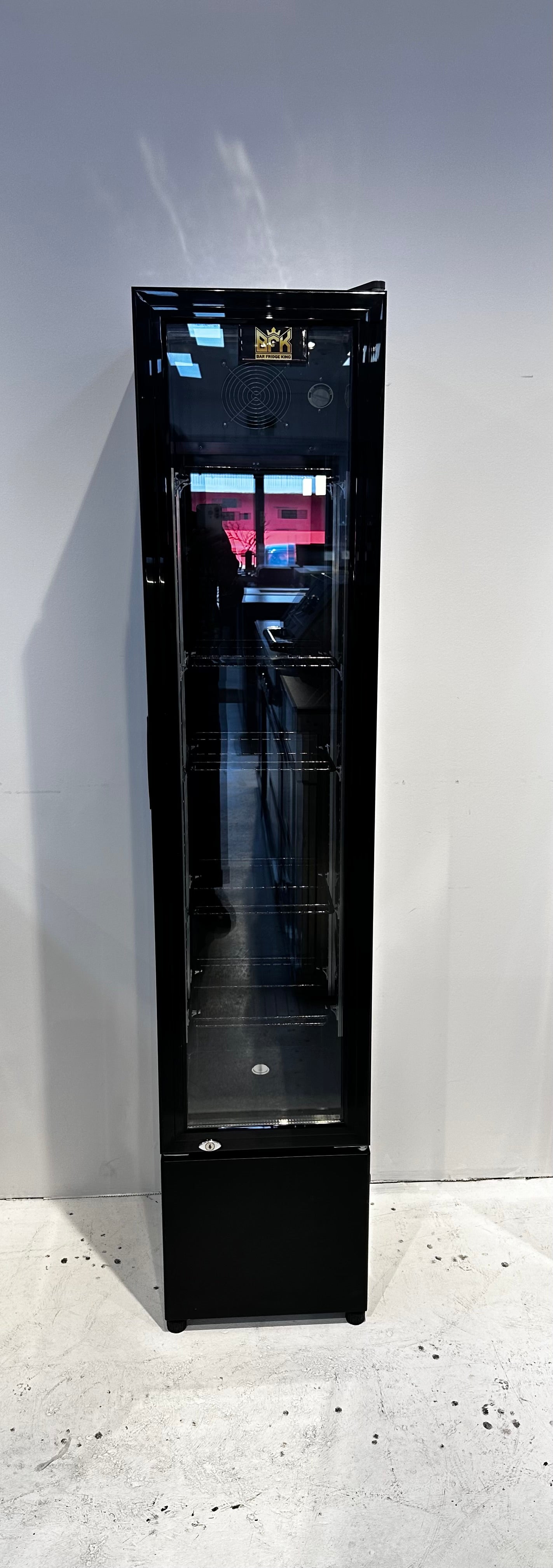 Tropical Rated Triple Glazed 115L Commercial Skinny Upright Bar Fridge - Single Door, Black Stainless Steel, LED Lighting for Wine & Beverages