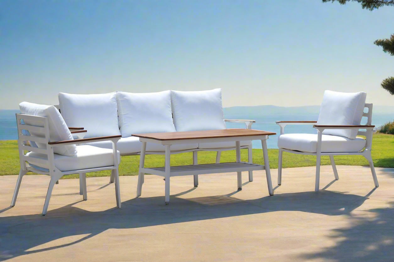 Modern 4-Piece White Aluminium Wheather Resistant Outdoor Lounge Set inc coffee table & pillows