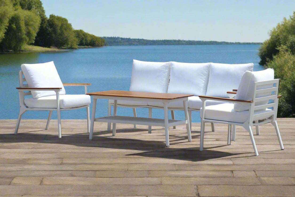 Modern 4-Piece White Aluminium Wheather Resistant Outdoor Lounge Set inc coffee table & pillows