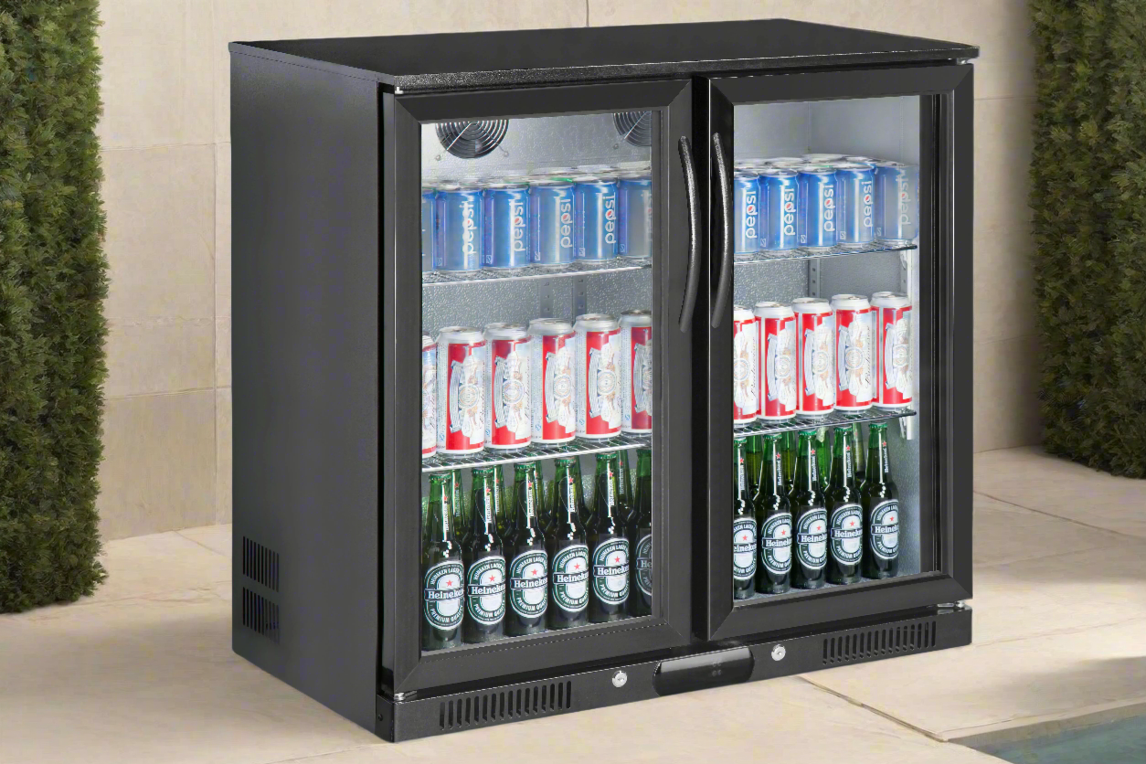 Tropical Rated Triple Glazed 208L Double Door Under-bench Commercial Bar Wine Fridge Drinks Chiller in Black