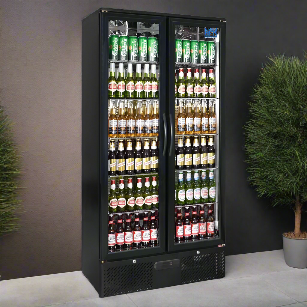 Floor Stock 458L Tropical Rated Triple Glazed Double Door Commercial 458ltr Upright Wine Bar Fridge Black