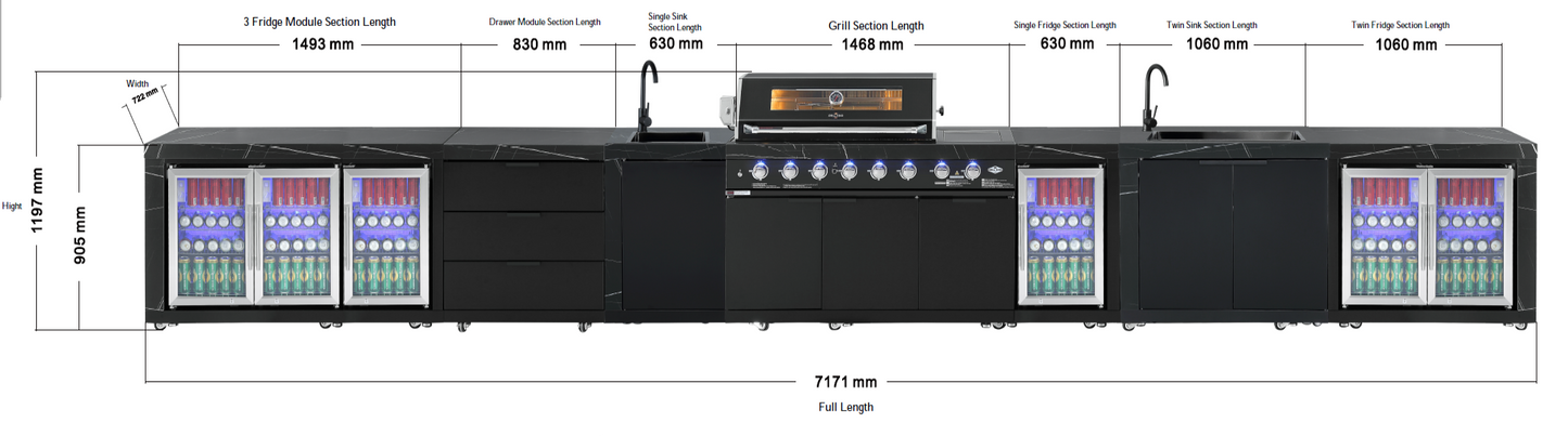 Single Fridge Module Suits Rockpool Black BBQ Kitchen Package Inc Stone Finishes, Aluminum Powder coated Cabinets, Tap, Waste, Hose, Castor Wheels