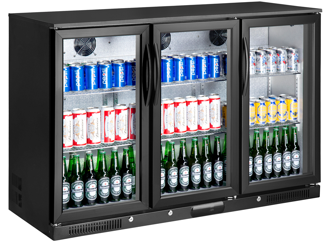 Tropical Rated Triple Glazed 318L 3-Door Commercial Wine Bar Fridge Chiller Can Cooler Mini Freezer in Black