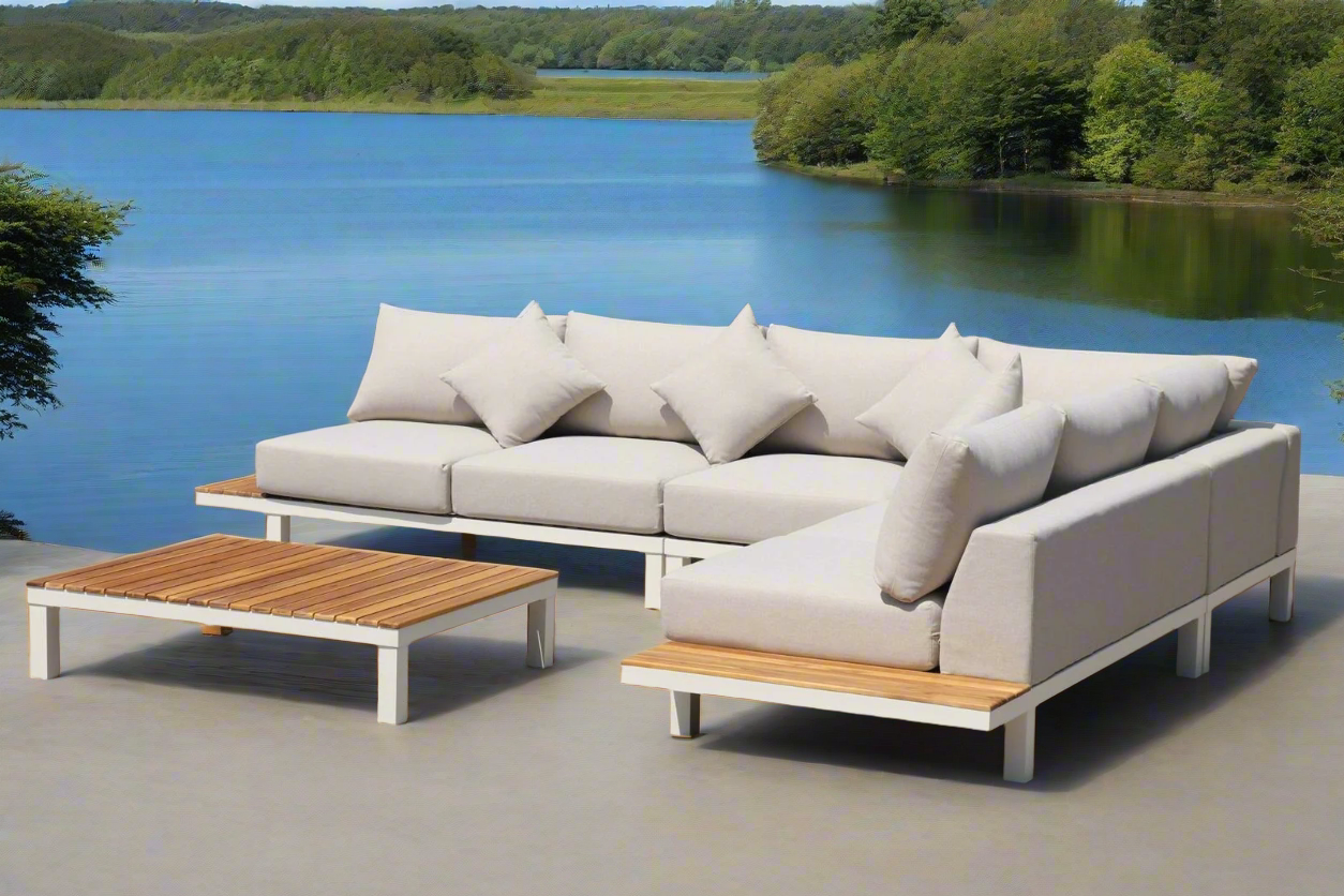 ARI Ralph White Hampton Corner Set - Outdoor Aluminium & Acacia Modular Corner Lounge White Aluminium Whether Resistant White Fabric