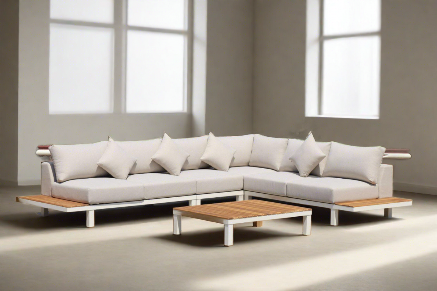 ARI Ralph White Hampton Corner Set - Outdoor Aluminium & Acacia Modular Corner Lounge White Aluminium Whether Resistant White Fabric