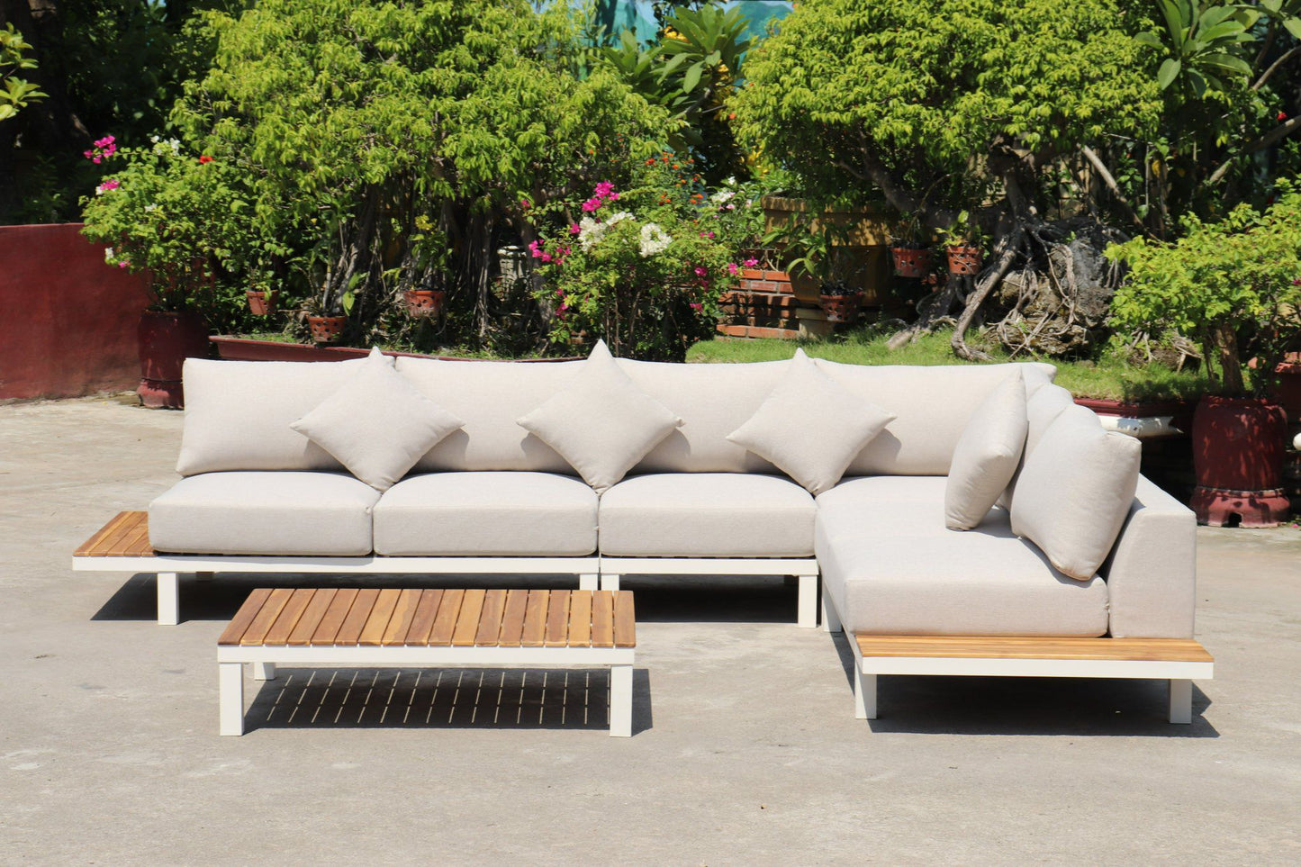 ARI Ralph White Hampton Corner Set - Outdoor Aluminium & Acacia Modular Corner Lounge White Aluminium Whether Resistant White Fabric