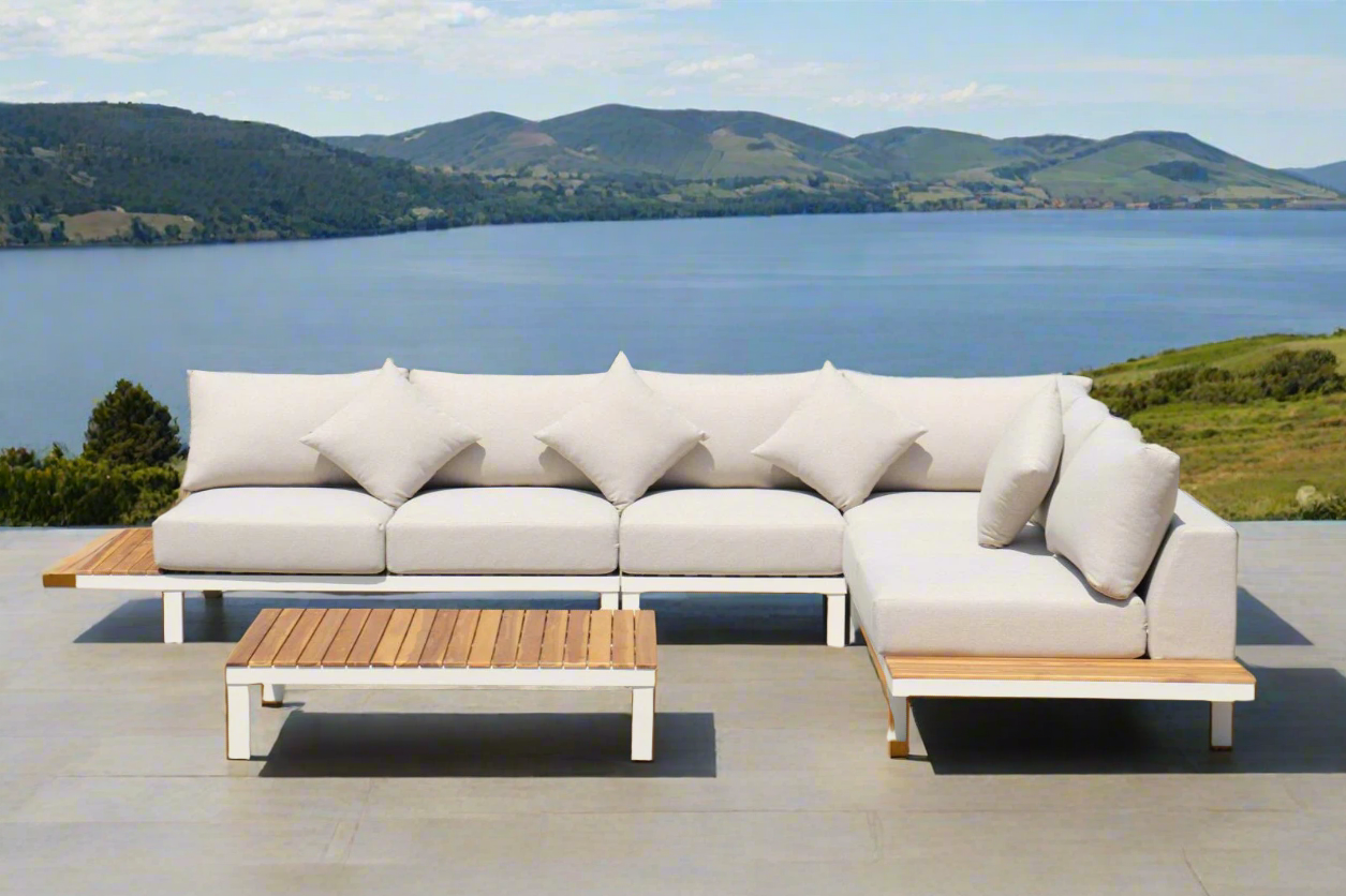 ARI Ralph White Hampton Corner Set - Outdoor Aluminium & Acacia Modular Corner Lounge White Aluminium Whether Resistant White Fabric