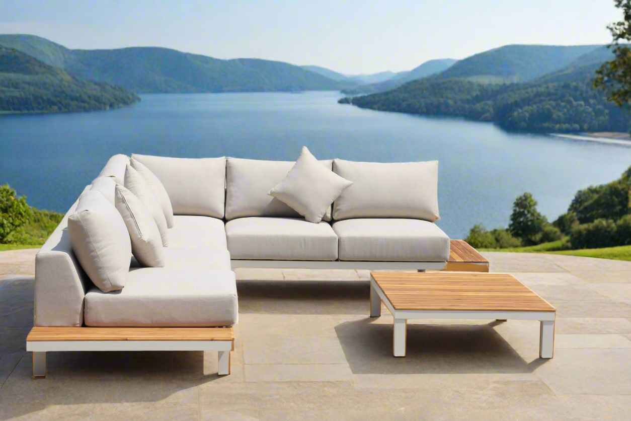 ARI Ralph White Hampton Corner Set - Outdoor Aluminium & Acacia Modular Corner Lounge White Aluminium Whether Resistant White Fabric