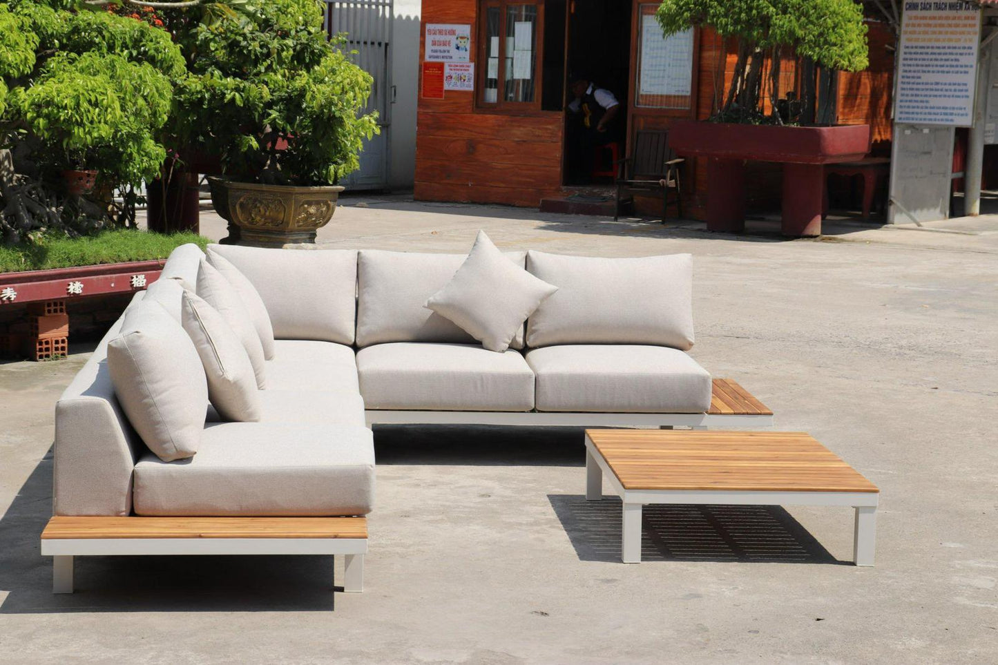 ARI Ralph White Hampton Corner Set - Outdoor Aluminium & Acacia Modular Corner Lounge White Aluminium Whether Resistant White Fabric
