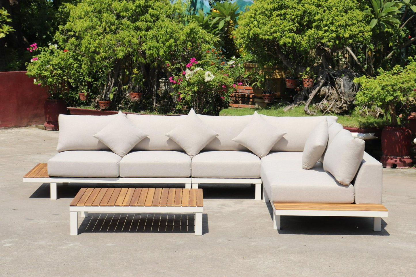ARI Ralph White Hampton Corner Set - Outdoor Aluminium & Acacia Modular Corner Lounge White Aluminium Whether Resistant White Fabric