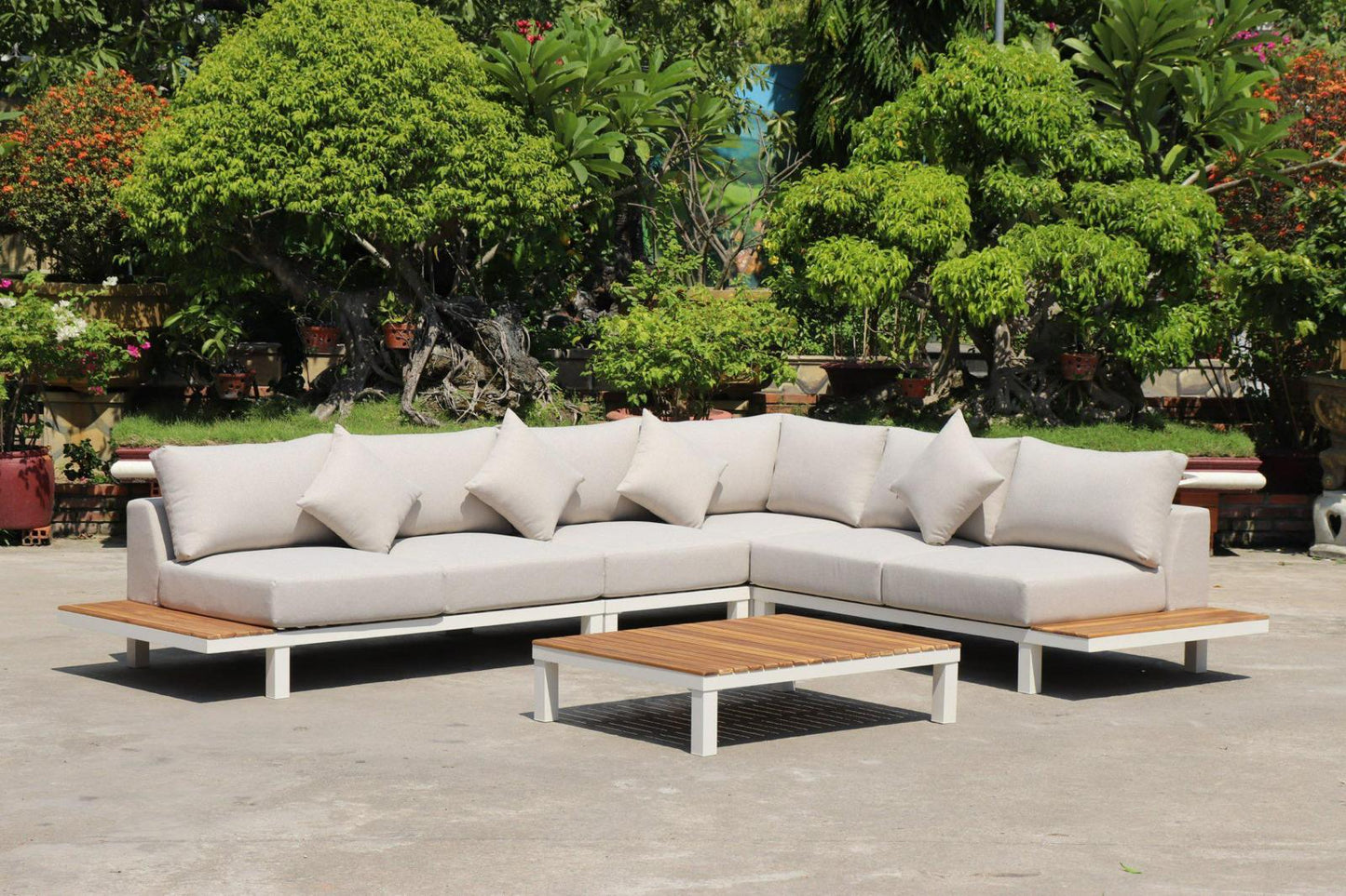 ARI Ralph White Hampton Corner Set - Outdoor Aluminium & Acacia Modular Corner Lounge White Aluminium Whether Resistant White Fabric