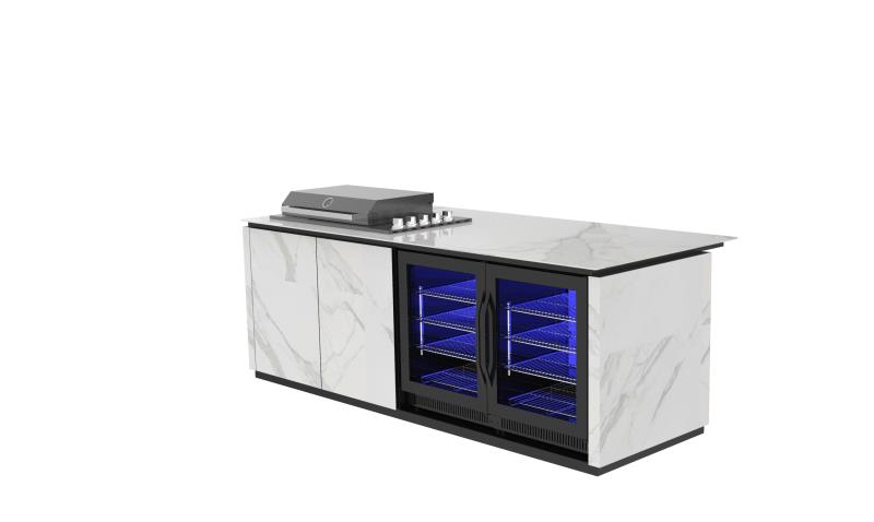 Grill King Bella 4B Drop In | Twin Fridge Alfresco Outdoor BBQ Kitchens Island High Grade White Stone Designer BBQ Inc 2 DR Fridge, Rear Infrared Burner, Rotisserie & BBQ Cover