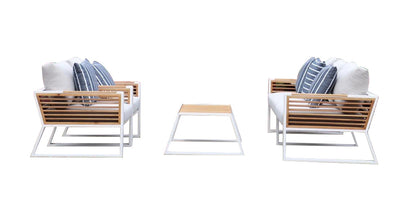 Morlaix 4 Piece Hampton Style Designer Outdoor Lounge Set: White Aluminium, Acacia Wood, Table & Cushions