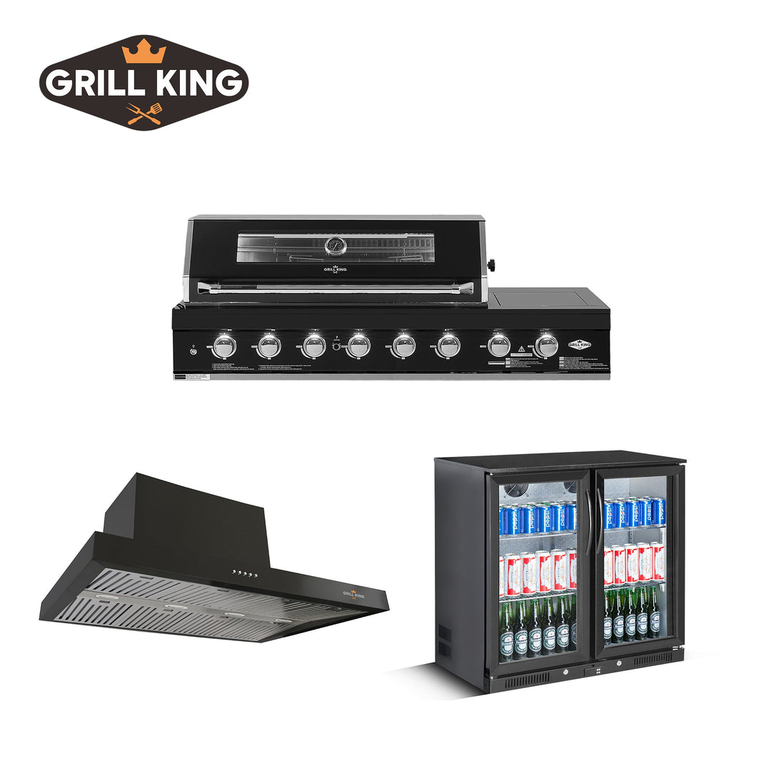 BBQ Bundle 6 Burner BBQ, Bar Fridge King 2-Door Fridge, and the 150CM BBQ Rangehood Canopy