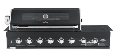 Kingsley 6 Burner Built In BBQ With Side Wok & Rear Infrared Burner | Black Stainless Steel, Blue LED Knobs