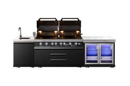 Element Twin Hood 8 Burner Outdoor BBQ Kitchen: High Grade 304 SS + White Stone