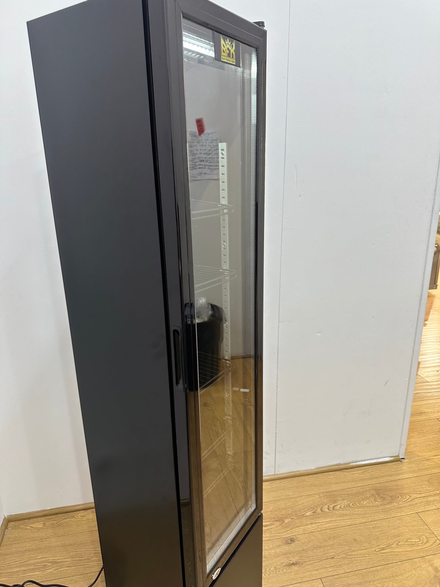 Tropical Rated Triple Glazed 115L Commercial Skinny Upright Bar Fridge - Single Door, Black Stainless Steel, LED Lighting for Wine & Beverages