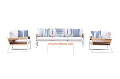 Morlaix 4 Piece Hampton Style Designer Outdoor Lounge Set: White Aluminium, Acacia Wood, Table & Cushions