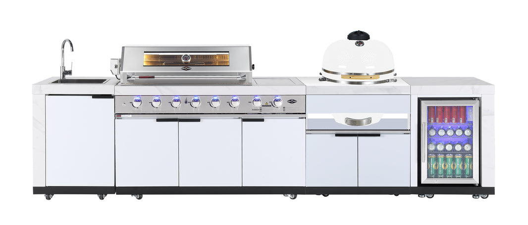 Rockpool White 6B + 23” Kamado Smoker : Designer Outdoor Kitchen BBQ Package Inc Wok Burner, Fridge, Sink, Rotisserie & BBQ Covers.