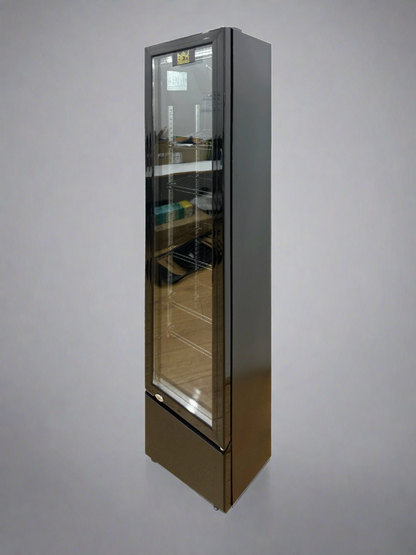 Tropical Rated Triple Glazed 115L Commercial Skinny Upright Bar Fridge - Single Door, Black Stainless Steel, LED Lighting for Wine & Beverages