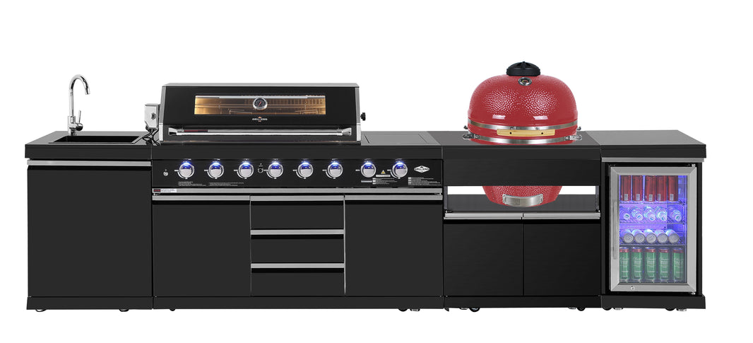 Kingsley 6-Burner Outdoor BBQ Kitchen + 23” Smoker Module: Black Stainless Steel, Stone Bench, Fridge, Sink, Height Adjustable, Rotisserie with BBQ Cover