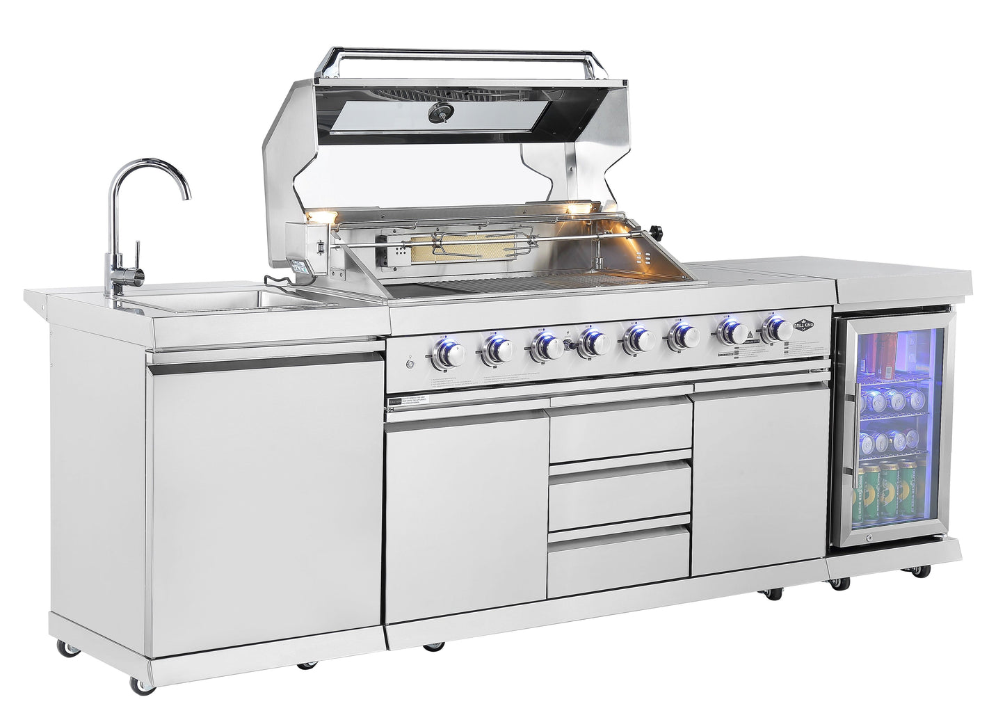 Hurricane 6-Burner Outdoor BBQ Kitchen + 118L Kegerator : Stainless Steel, Fridge, Sink, Height Adjustable, Rotisserie with BBQ Cover