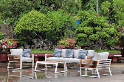 Morlaix 4 Piece Hampton Style Designer Outdoor Lounge Set: White Aluminium, Acacia Wood, Table & Cushions