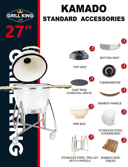 Grill King 27” White Kamado Ceramic Charcoal Grill With Trolley & Side Tables