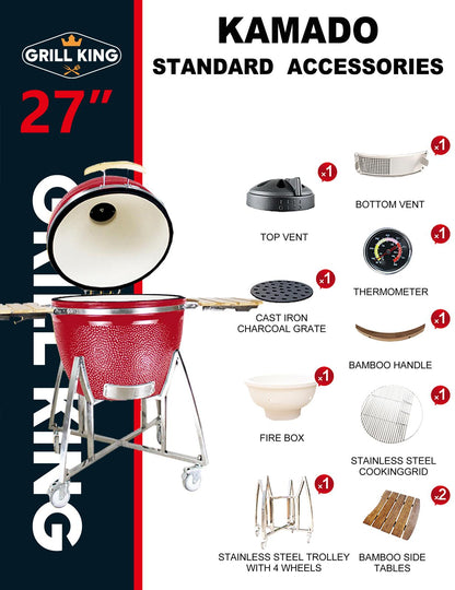 Grill King 27” Black Kamado Ceramic Charcoal Grill With Trolley & Side Tables