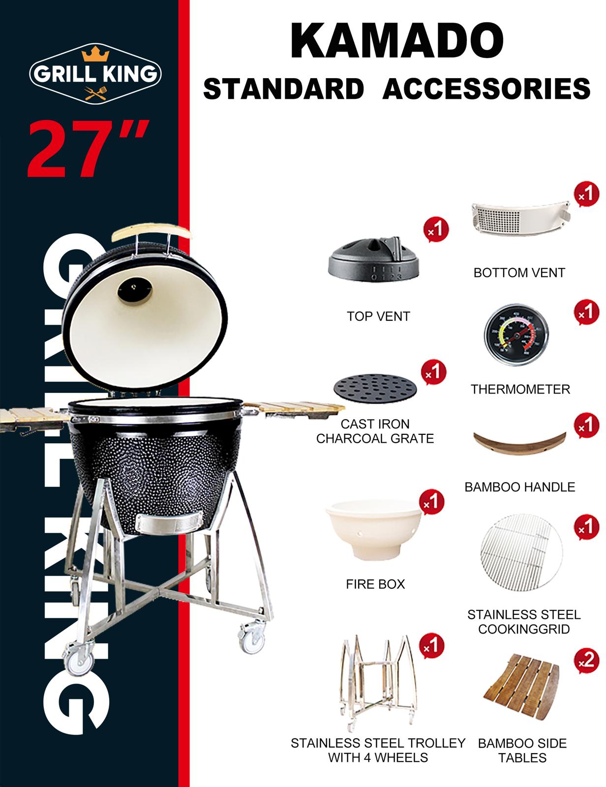 Grill King 27” Black Kamado Ceramic Charcoal Grill With Trolley & Side Tables