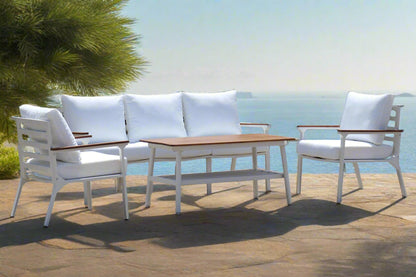 Modern 4-Piece White Aluminium Wheather Resistant Outdoor Lounge Set inc coffee table & pillows