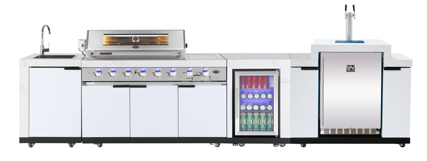 Rockpool White 6B + 118L Kegerator : Designer Outdoor Kitchen BBQ Package Inc Wok Burner, Fridge, Sink, Rotisserie & BBQ Covers.