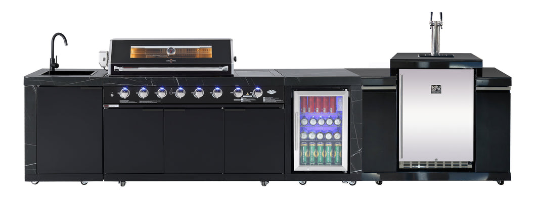 Rockpool Black 6B + 118L Kegerator : Designer Outdoor Kitchen BBQ Package Inc Wok Burner, Fridge, Sink, Rotisserie & BBQ Covers.