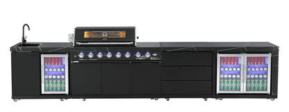 Sink & Fridge Combo Module Suits Rockpool Black BBQ Kitchen Package Inc Stone Finishes, Aluminum Powder coated Cabinets, Tap, Waste, Hose, Castor Wheels
