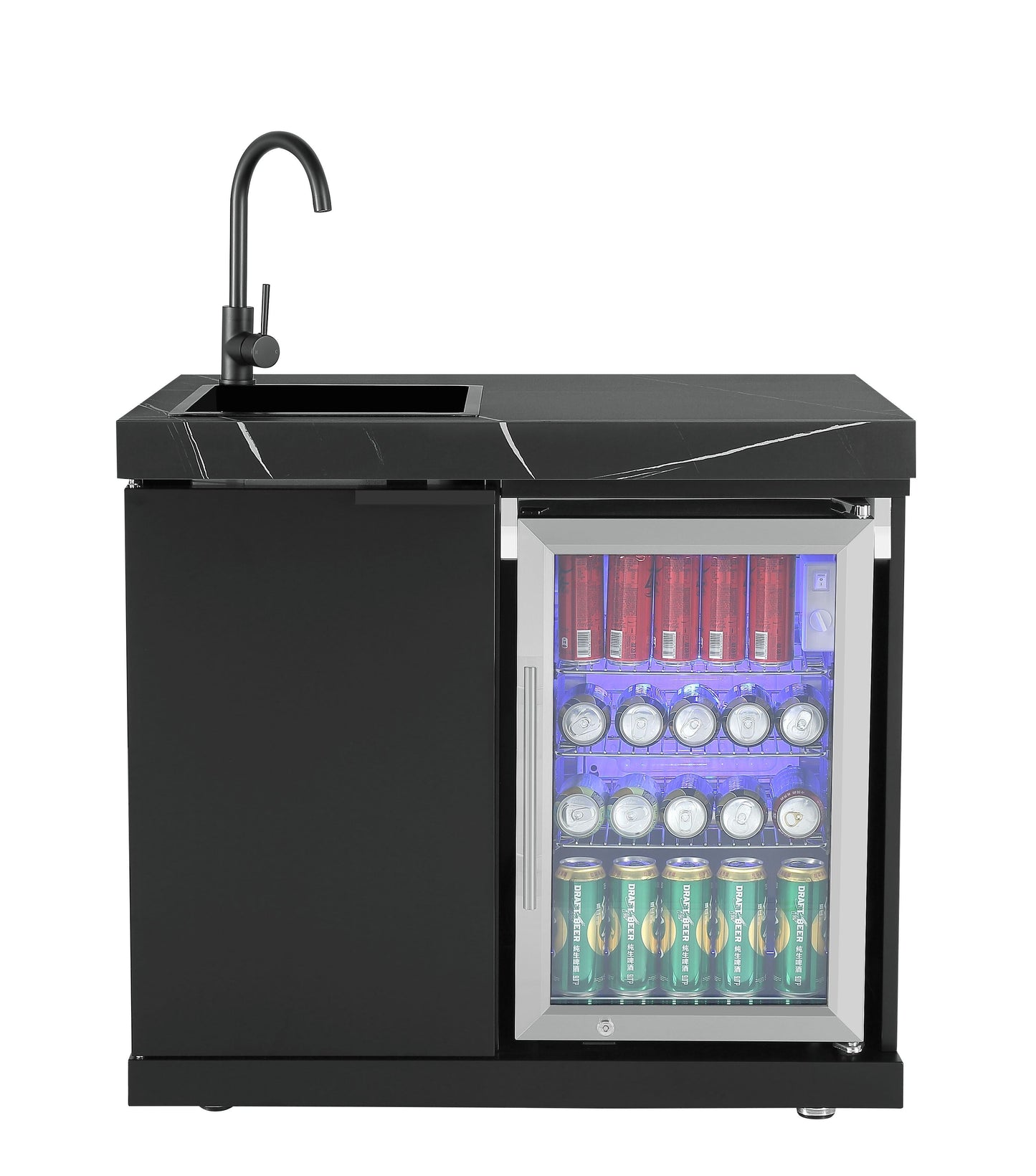 Sink & Fridge Combo Module Suits Rockpool Black BBQ Kitchen Package Inc Stone Finishes, Aluminum Powder coated Cabinets, Tap, Waste, Hose, Castor Wheels