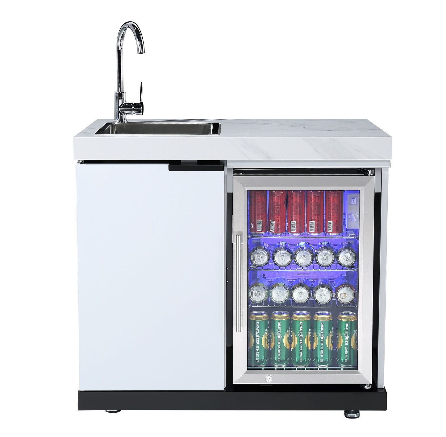 Sink & Fridge Module Combo Suits Rockpool White BBQ Kitchen Package Inc Stone Finishes, Aluminum Powder coated Cabinets, Tap, Waste, Hose, Castor Wheels